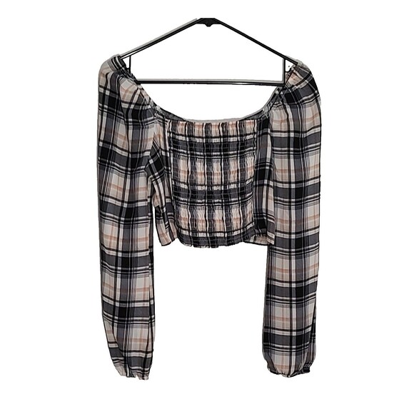 Active USA Womens Long Puff Sleeve Cropped Top Smocked Plaid Check Multicolor L - Picture 5 of 9